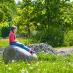 斯德哥尔摩瓦萨国际学校的学生坐在绿地上的大石头上